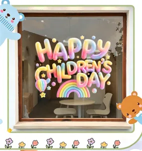 Happy Children's Day rainbow balloon style window sticker on glass pane