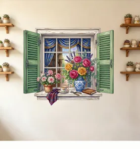 Vista dettagliata di un adesivo murale finestra verde realistica con rose, vaso e tende blu