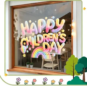 Colorful 3D Happy Children's Day window sticker with rainbow and balloons
