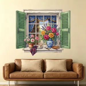 Adesivo da Parete Falsa Finestra Effetto 3D in PVC Pastorale Stampato Persiana Verde Fiori Rosa Paesaggio Decalcomania per Soggiorno Casa