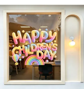 Close-up of 3D balloon style Happy Children's Day window sticker with rainbow