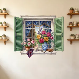 Adesivo murale a forma di finestra verde con paesaggio floreale per decorazione