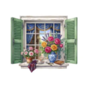 Adesivo murale 3D finestra finta con persiane verdi e fiori colorati per soggiorno