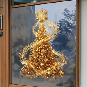 Autocollant de fenêtre géométrique sapin de Noël doré de luxe pour décoration