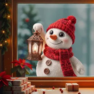 Festive Christmas snowman window sticker with red knitted hat scarf and lantern decor