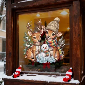 Cartoon-Weihnachts-Rentier- und Schneemann-Fensteraufkleber für festliche Feiertagsdeko