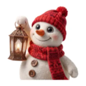 Festive Christmas snowman window sticker with red knitted scarf holding a lantern