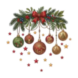 Festive Christmas ornament static window stickers with red bow and gold stars decor.