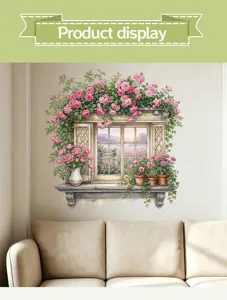 Detail van een 3D-raamsticker met bloeiende roze rozen voor decoratieve binnenwanden.