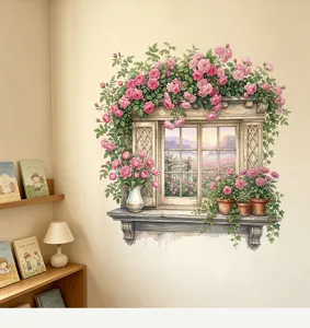 Detailweergave van 3D-nepraammuursticker met bloeiende roze rozen