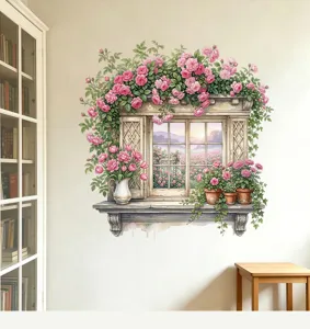 Prachtige decoratieve muursticker met bloemenvenster en roze rozen op witte wand.