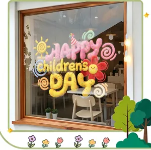 Adesivo per vetrine Festa dei Bambini con scritte colorate e motivi floreali allegri