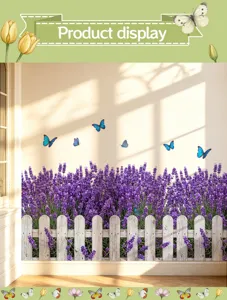 Decorative wall sticker featuring lavender flowers, white fence, and blue butterflies