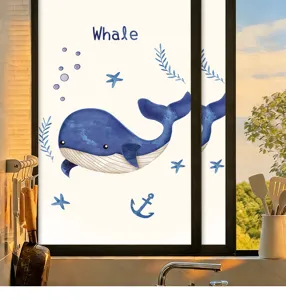 Detail showing blue whale cartoon frosted glass privacy window film for bedrooms