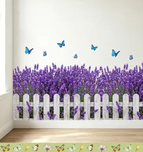 Decorative wall decals featuring a lavender field and white fence with blue butterflies