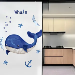 Detail view of cartoon blue whale frosted electrostatic privacy film for glass windows