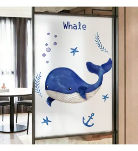 Detailed view of a cartoon blue whale watercolor design on frosted glass privacy sticker