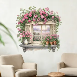 Elegante muursticker met neproosraam en landschapszicht in een moderne woonkamer.