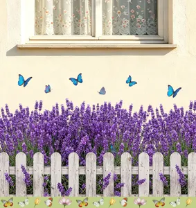 Lavender garden wall sticker with white fence and blue butterflies for home decor.