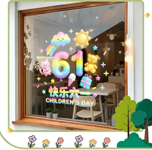 Detail of colorful 3D style Children's Day window stickers with rainbow and bear