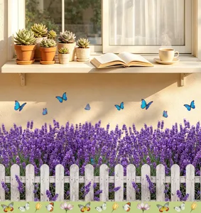 Detailed view of lavender flower fence wall stickers applied to a sunlit indoor wall