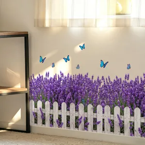 Decorative lavender field and white fence wall sticker with blue butterflies for home