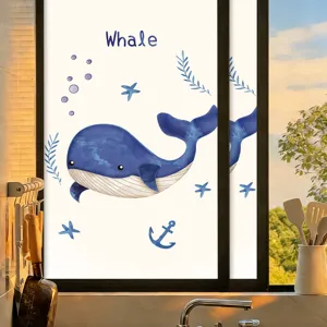 Cute blue whale cartoon frosted static glass window film for privacy and sun protection