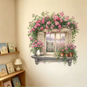 Mooie muursticker met nepvenster en roze rozenontwerp voor interieurdecoratie in huis