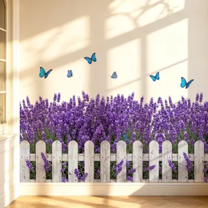 Lavender Flower Fence Plant Butterfly Wall Sticker PVC Waterproof Self Adhesive Pastoral Skirting Line Decal For Home Decor