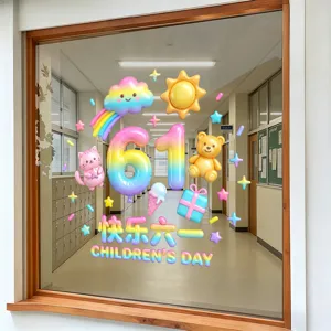 Children's Day Window Stickers 3D Rainbow Cartoon Bear Cat Static Glass Decals For Store School Celebration PVC Decoration