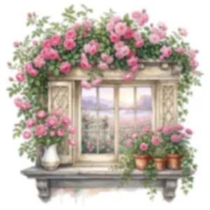 Mooie muursticker venster met roze rozen en uitzicht op de tuin voor huisdecoratie