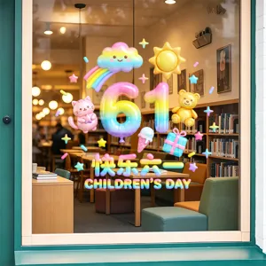 Colorful 3D Children's Day window stickers with rainbow 61 and cute cartoon characters