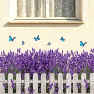 Lavender flower fence and blue butterflies wall sticker set for home wall decoration