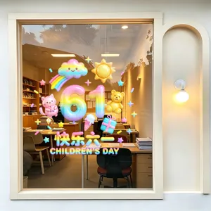Colorful Children's Day static window stickers with rainbow, bear and kitten designs