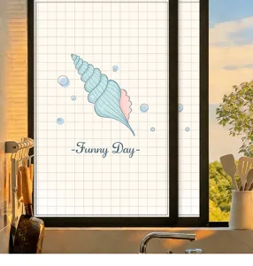 Detailed view of frosted glass film with a blue cartoon conch and 'Funny Day' slogan