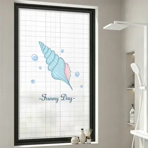 Frosted bathroom window film with blue cartoon seashell and -Funny Day- text