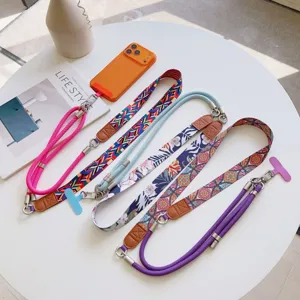 Detailed view of multi-style phone lanyard set with woven straps and neck cords for crossbody.