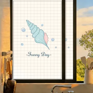 Blue cartoon seashell frosted glass privacy film with -Funny Day- text decoration