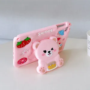 Custodia per tablet in silicone rosa con simpatico supporto per orsetto 3D, cover.