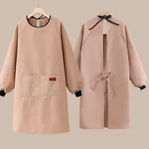 Long sleeve kitchen apron with bow tie back, khaki smock for cooking and housework
