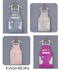 Grid kitchen apron with hand-wipe fleece pockets, multi-color cute cooking apron for home.