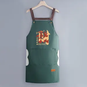 Waterproof oilproof apron with pockets, stylish green kitchen cooking work apron for home use.
