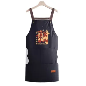 Black waterproof kitchen apron with hand-wiping towel, adjustable straps and stylish print.