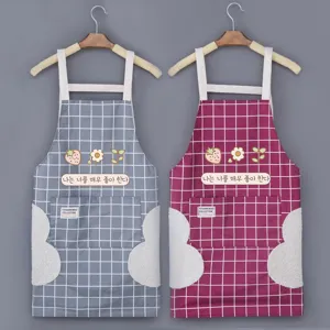 Waterproof kitchen apron with hand-wiping fleece side pockets cute grid cooking apron for home