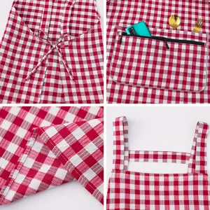 Red and white checkered kitchen cooking apron with zipper pocket and adjustable straps.
