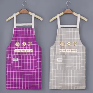 Kitchen apron cotton grid pattern cute strawberry pocket cooking baking apron for women