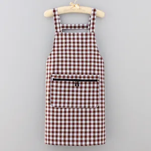 Brown and white plaid kitchen apron with pocket, comfortable strap design for home cooking use.