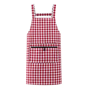 Red and white plaid kitchen apron with pocket, comfortable strap design for cooking and work.
