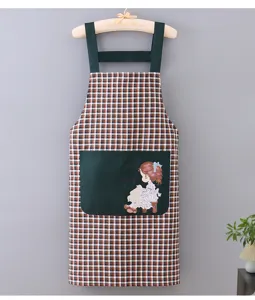 Plaid kitchen apron detail, dark green pocket with cute girl graphic, cotton anti-stain.