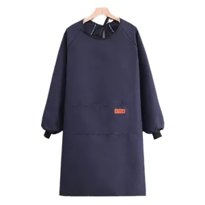 Long sleeve canvas apron with pockets, waterproof work smock for kitchen cooking and housework.